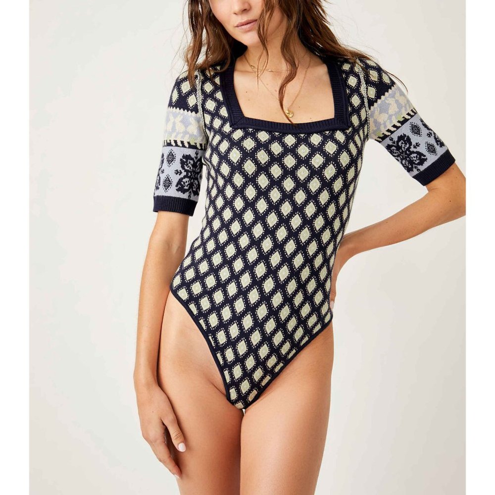 Free People Navy and Cream Knit Square-Neck Bodysuit